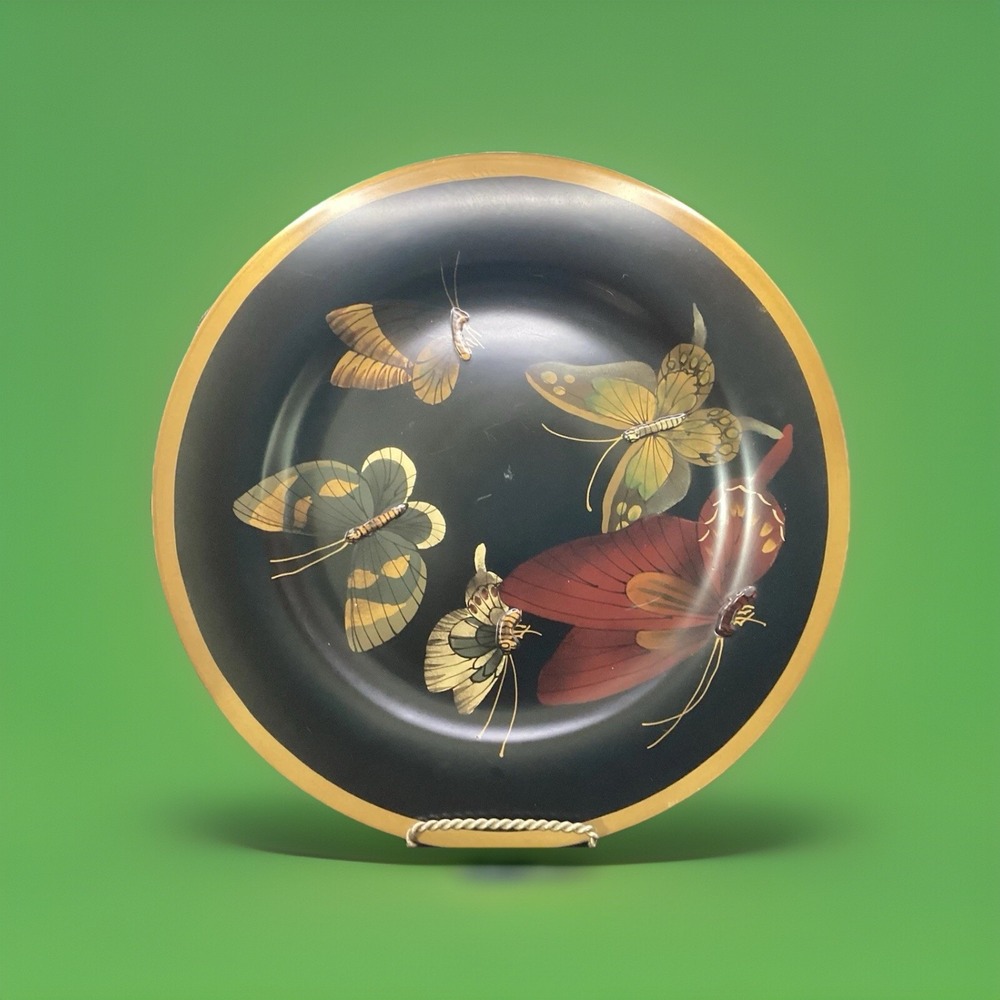 Vintage Butterfly Plate - Black w/ Gold Trim - 3D Butterflies
